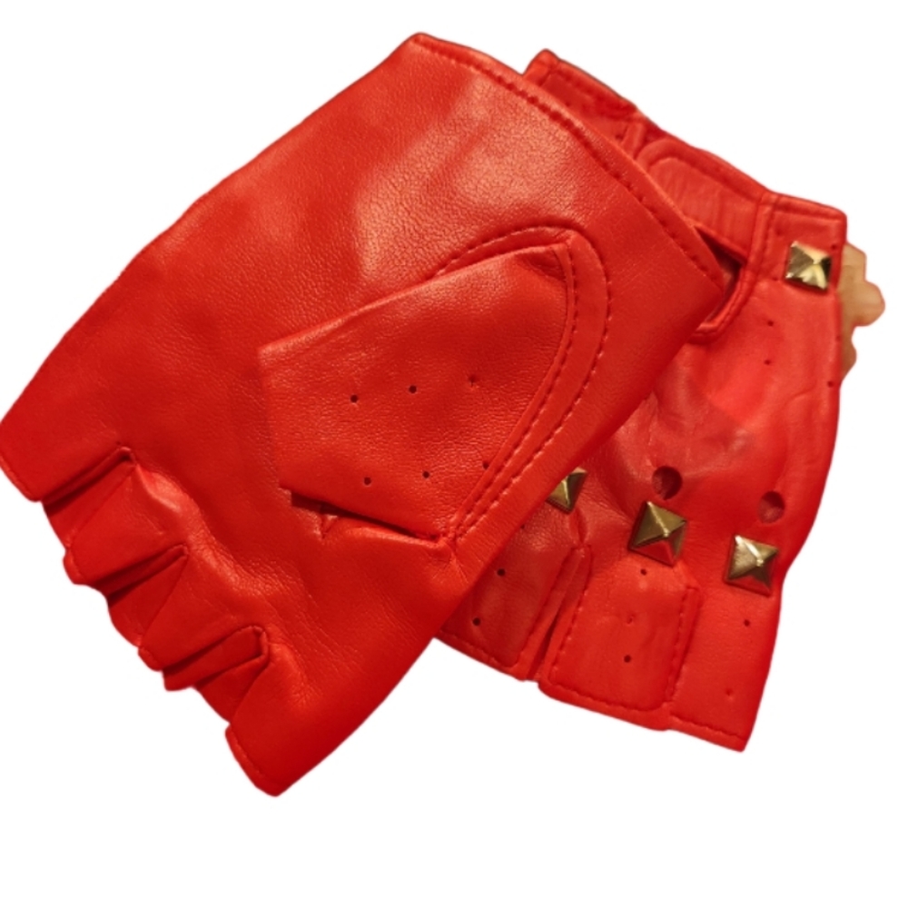 Steampunk festival  fingerless sliver studs Red.Mens gloves. - Picture 2 of 4